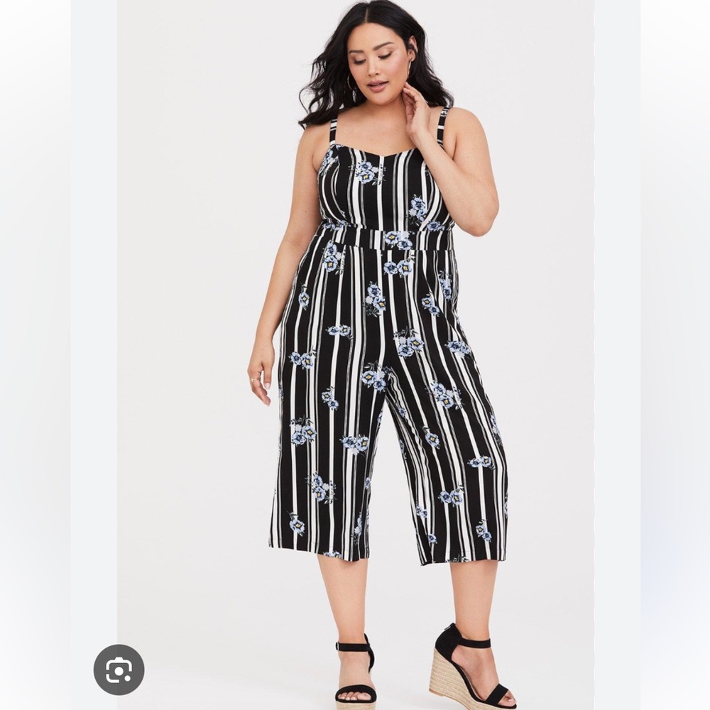 torrid Black and White Vertical Stripe Jumpsuit with Blue Floral Detail